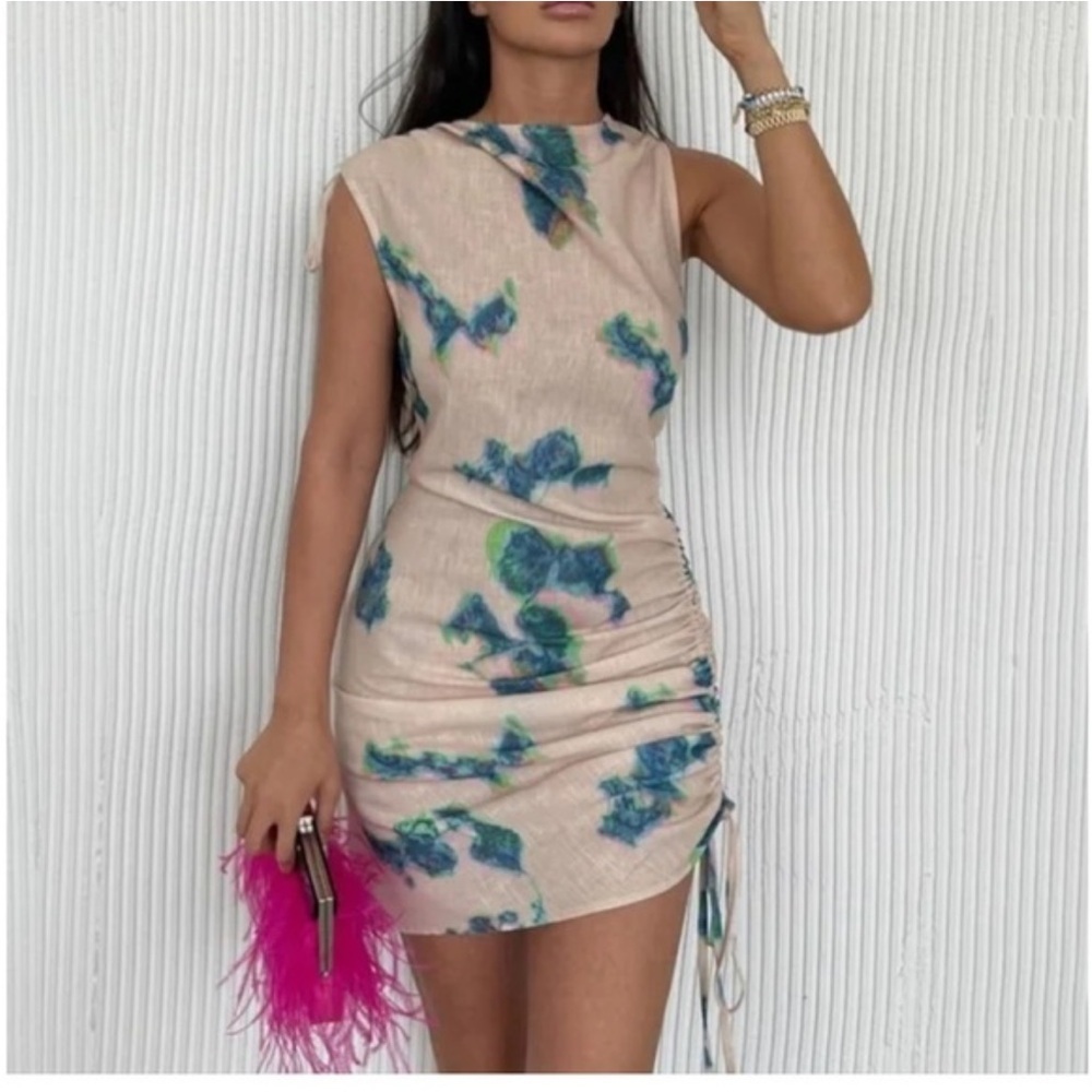 Zara Limited Edition Linen Mini Dress Ruched Oil Print Blue Cream Abstract XL
